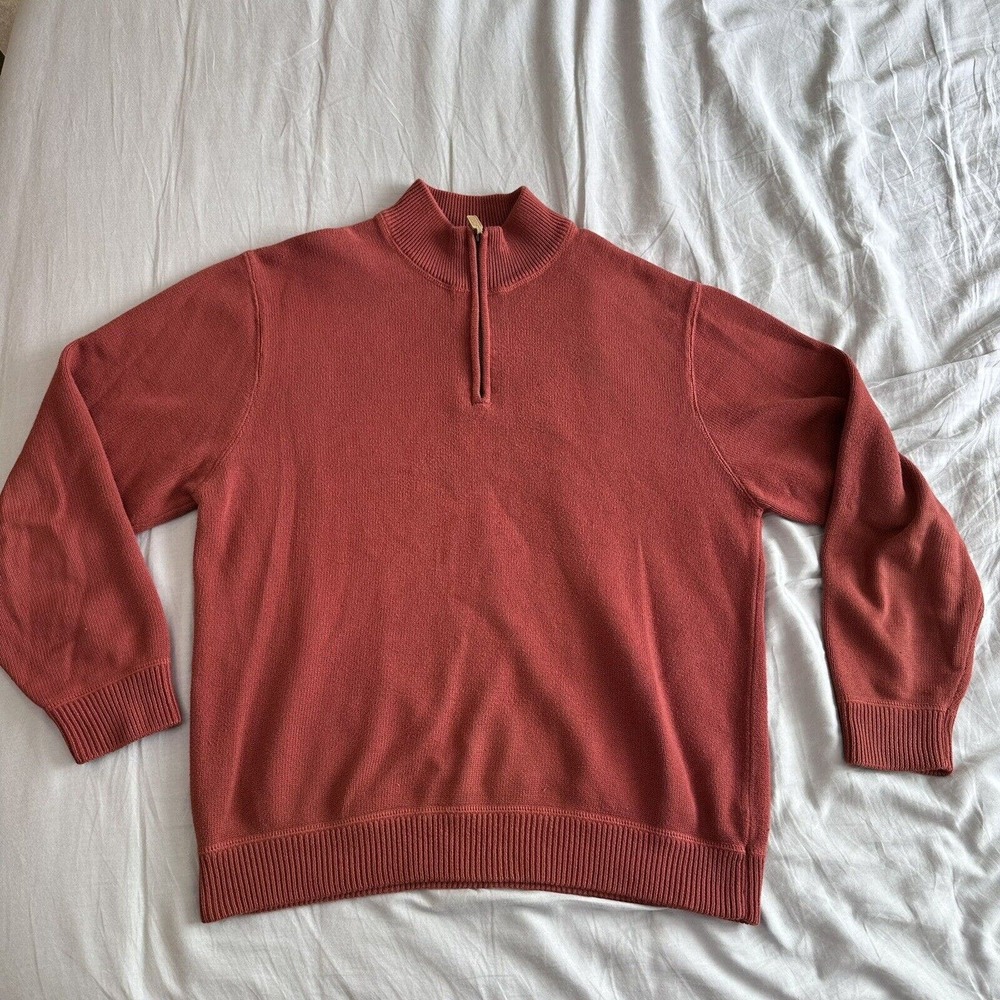 Eddie Bauer Mens Sweater Large Orange Long Sleeve Quarter Zip Pullover Outdoor